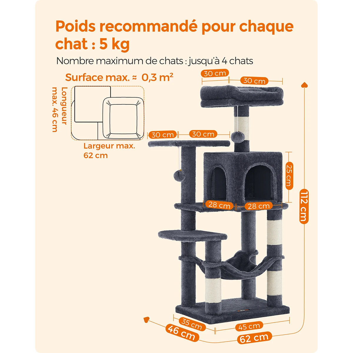 Photographie détaillée de la niche centrale d'un arbre à chat de la marque Les Trésors d'Owka, mettant en avant le concept innovant de niche avec 2 portes pour un accès facile. L'image montre un chat blanc confortablement installé à l'intérieur de cet espace de repos gris anthracite. Les dimensions précises de 28 cm de largeur et 25 cm de hauteur sont indiquées pour garantir un endroit spacieux où s'étendre. Cet arbre pour chat haut de gamme combine des matériaux doux en peluche et une conception intelligen