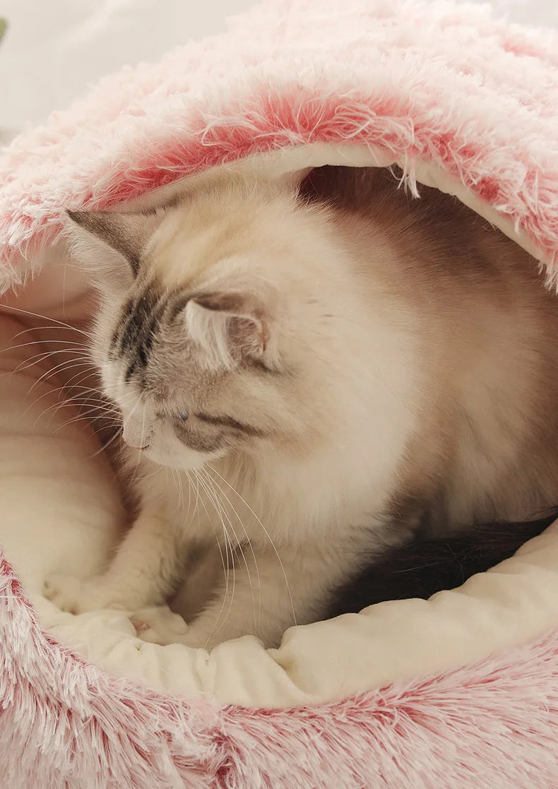 Gros plan d'un chat à poils longs entrant dans son panier grotte apaisant en peluche rose, montrant l'intérieur douillet et le toit protecteur idéal pour un sommeil sécurisé.