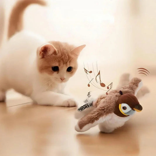 Chaton roux et blanc à l'affût devant un oiseau interactif pour chat en peluche qui bat des ailes — Les Trésors d'Owka