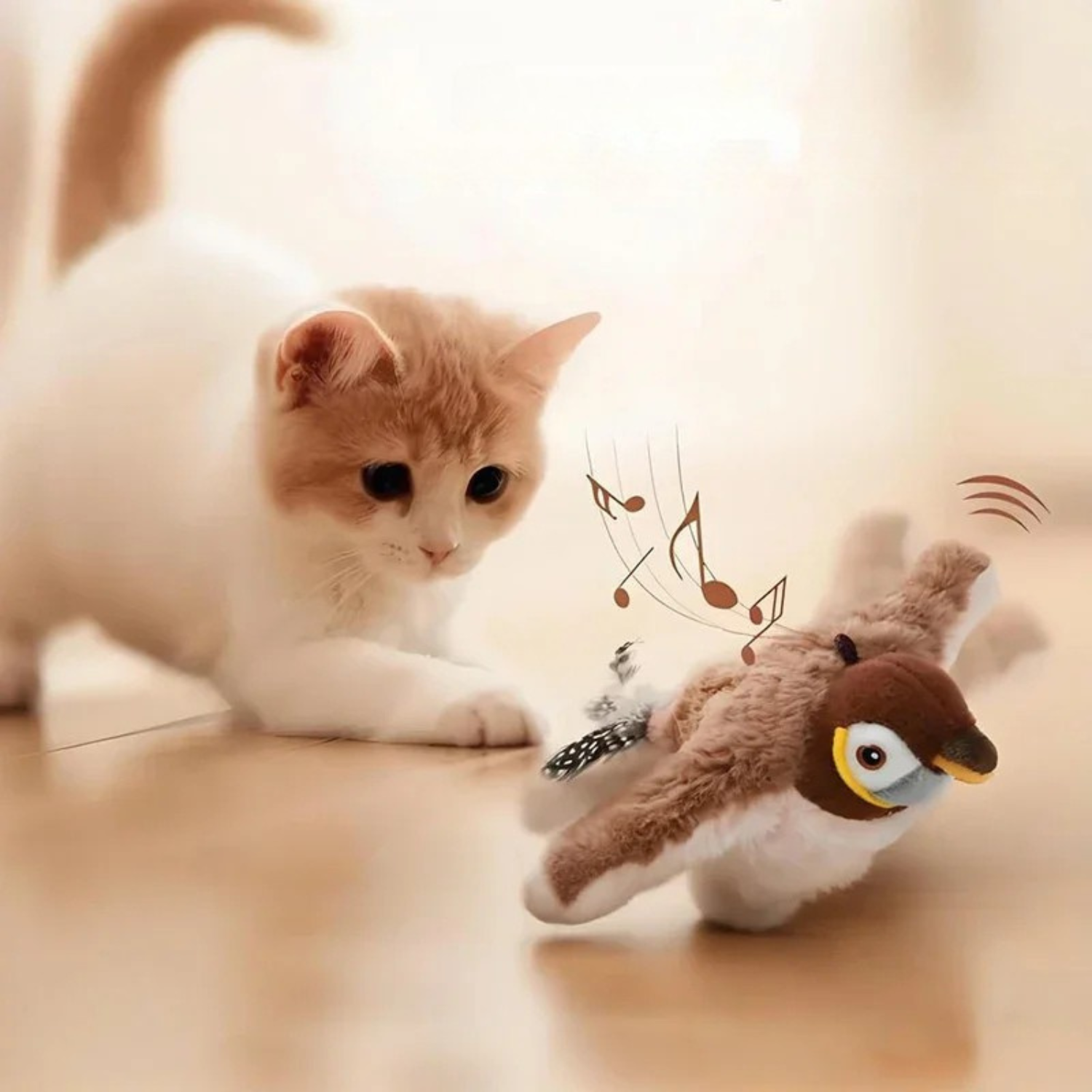 Chaton roux et blanc jouant avec un oiseau interactif en peluche marron, illustrant les fonctions sonores par des notes de musique et le battement d'ailes réaliste pour stimuler l'instinct de chasse.