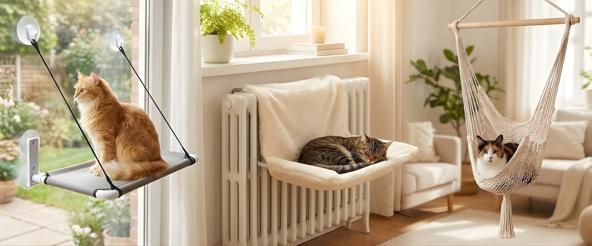 Trois chats profitant de leur hamac pour chat dans un salon lumineux : un chat roux observe l'extérieur sur un hamac chat fenêtre à ventouses, un chat tigré dort sur un hamac chat radiateur douillet, et un troisième se repose dans un hamac suspendu en macramé.