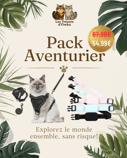 Pack Aventurier Les Trésors d'Owka : collier GPS chat sans abonnement et harnais anti-fugue ergonomique avec laisse - kit sécurité sorties chat à prix réduit
