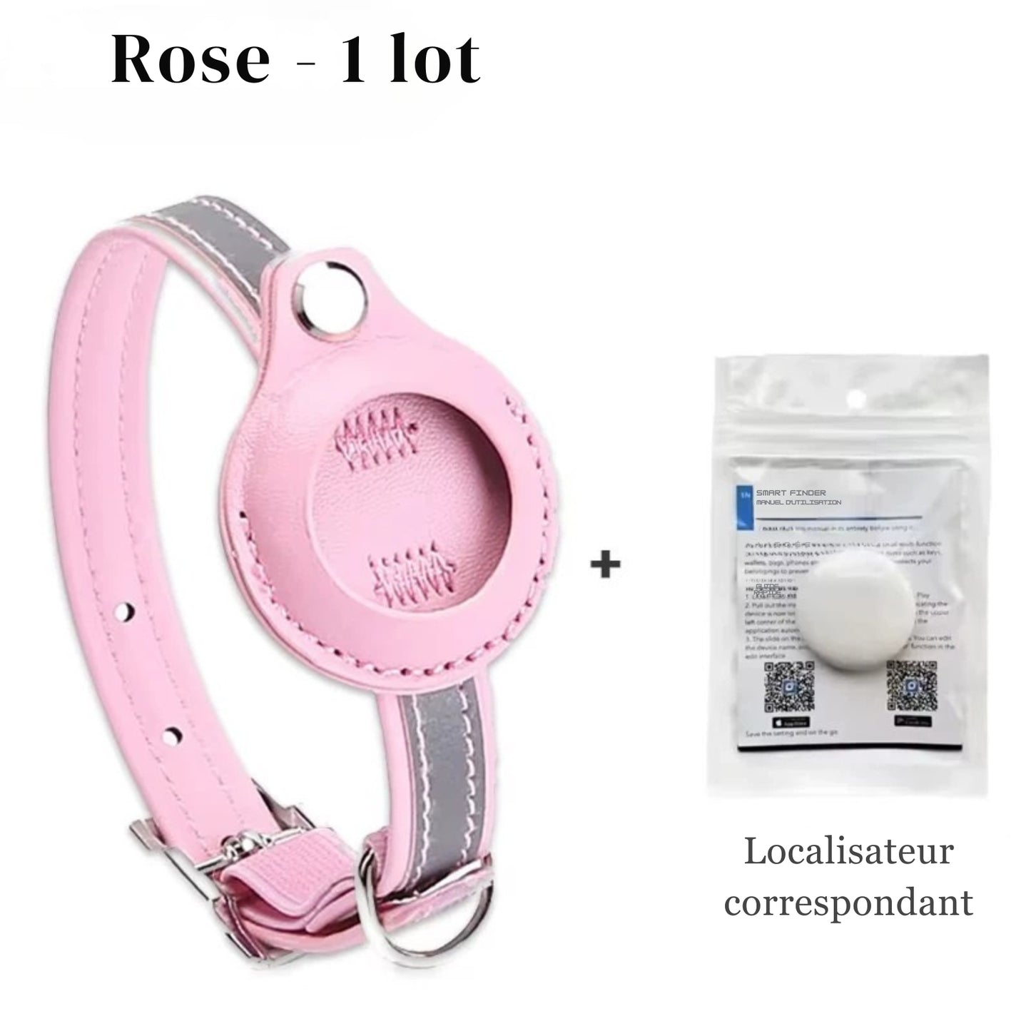 Pack collier gps pour chat rose comprenant un collier réfléchissant et un traceur intelligent (Smart Finder) assorti. Ce kit complet collier gps chat dispose d'un support de localisation sécurisé et d'une boucle robuste. Une solution type collier gps à chat bureau idéale pour la sécurité et le suivi de votre félin.