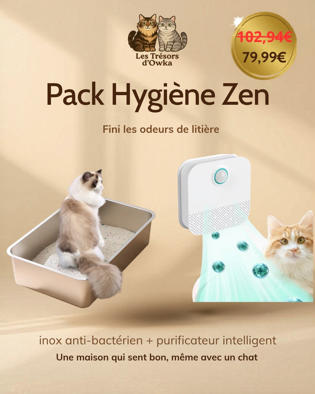 Pack Hygiène Zen Les Trésors d'Owka : bac à litière chat en acier inoxydable 304 anti-odeur et purificateur d'air intelligent pour litière - kit hygiène sans odeur à prix réduit