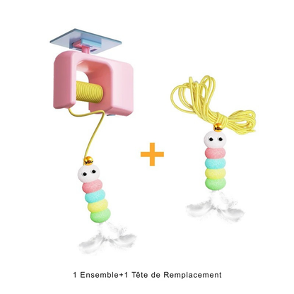 Offre pack comprenant 1 set de jouet pour chat automatique ascenseur et 1 tête de rechange supplémentaire. Le kit inclut le boîtier motorisé rose et deux leurres chenilles avec plumes et grelots. Ce pack interactif de jouet chat est le meilleur choix parmi les jouet animaux pour garantir un divertissement durable et autonome à votre félin.