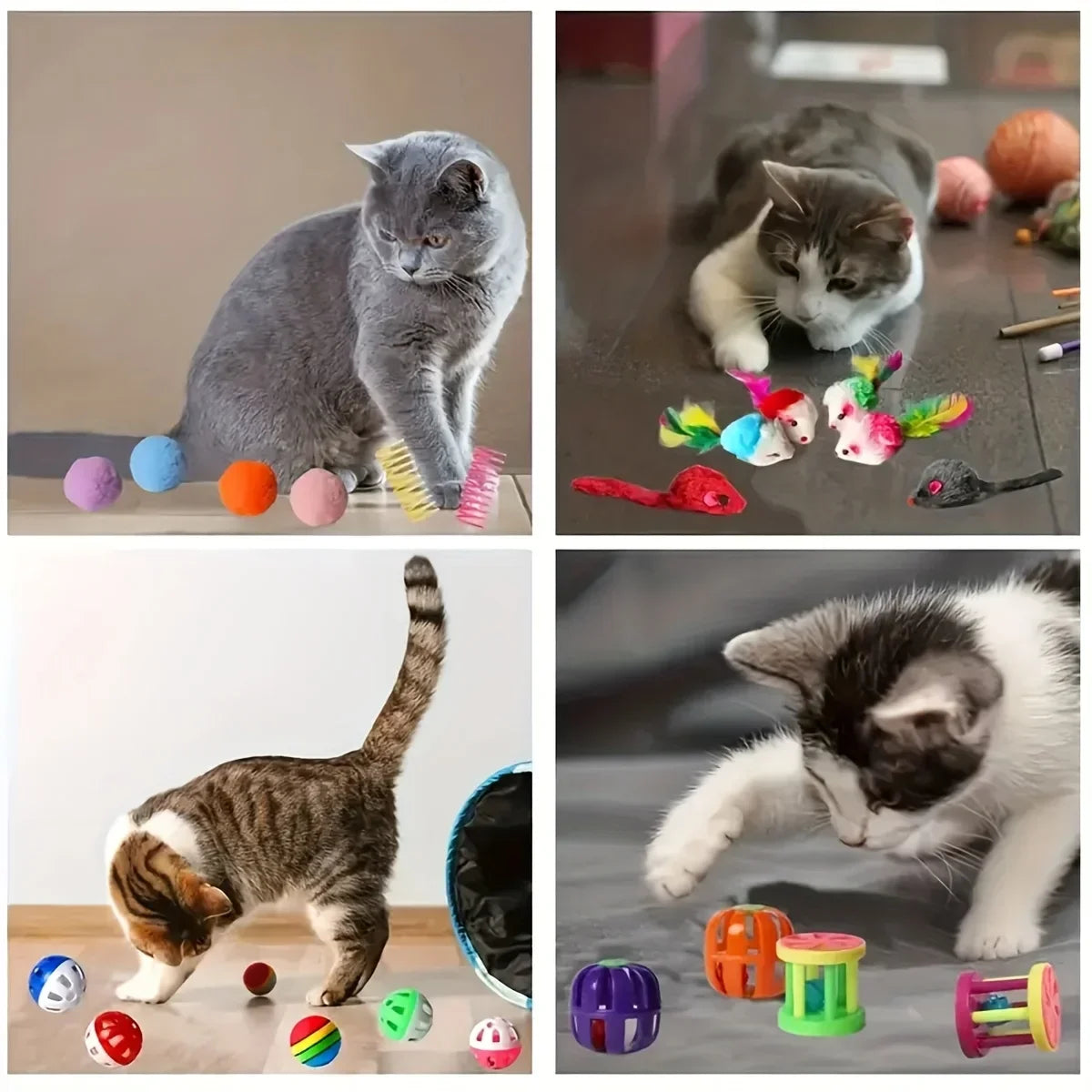 Montage de quatre photos montrant différents chats (gris, tabby, bicolore) s'amusant avec une variété de jouets : balles en mousse, souris colorées à plumes, ressorts en plastique et balles grelots ajourées.