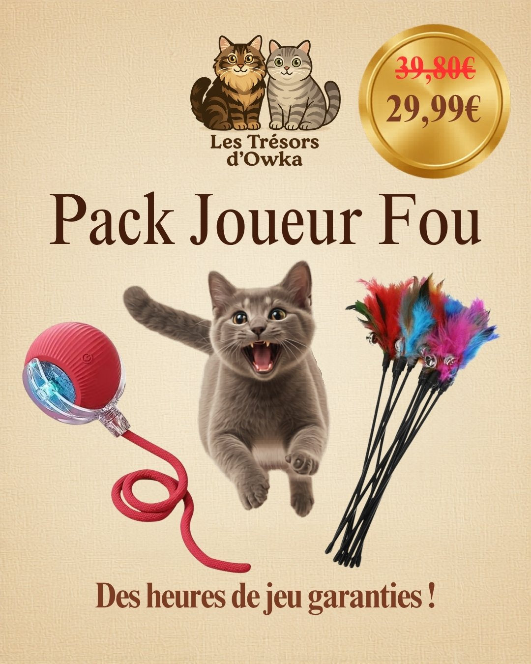 Pack Joueur Fou Les Trésors d'Owka : balle interactive intelligente avec queue et lot de 2 cannes à pêche chat plumes colorées - kit jouets anti-ennui pour chat à prix réduit