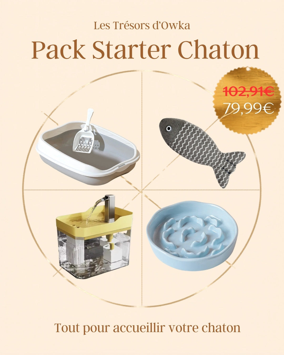 Pack Starter Chaton Les Trésors d'Owka : bac à litière chaton, fontaine à eau transparente, gamelle anti-glouton céramique et jouet poisson cataire - kit premier équipement chaton à prix réduit
