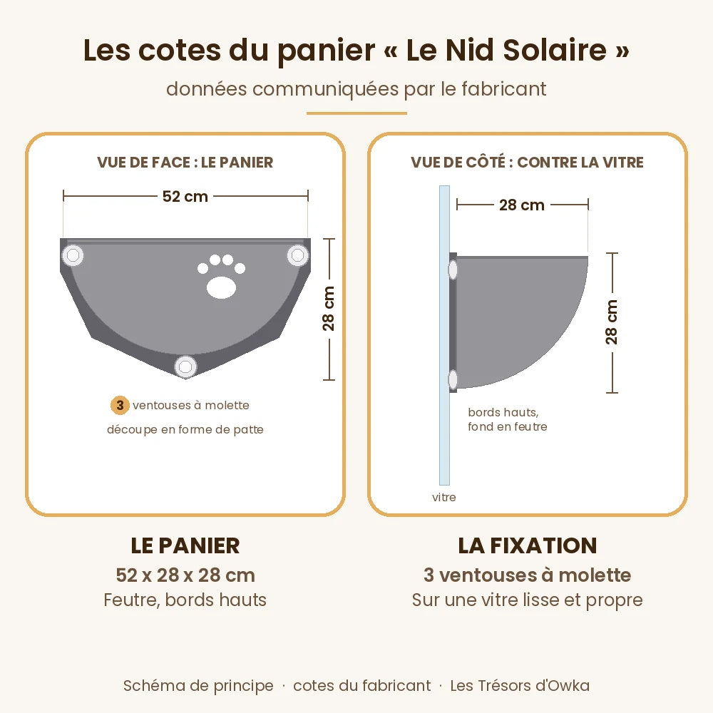 Cotes du panier chat fenêtre « Le Nid Solaire » : 52 x 28 x 28 cm, trois ventouses à molette — Les Trésors d'Owka
