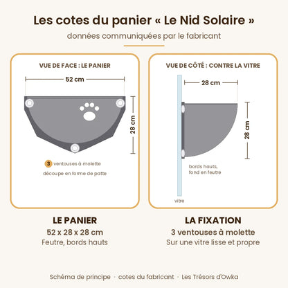 Cotes du panier chat fenêtre « Le Nid Solaire » : 52 x 28 x 28 cm, trois ventouses à molette — Les Trésors d'Owka
