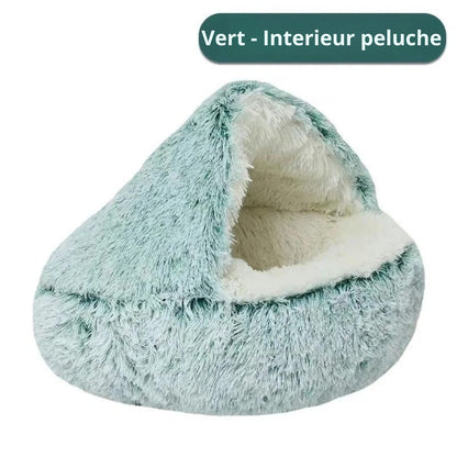 Panier grotte apaisant pour chat en peluche longue vert menthe, doté d'un intérieur blanc ultra-moelleux et d'un toit souple protecteur pour un sommeil sécurisant.