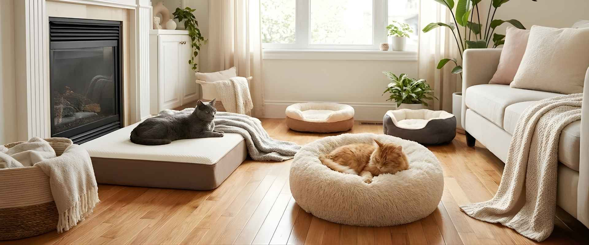 Deux chats apaisés se reposant dans un salon lumineux : un chat roux endormi dans un panier pour chat moelleux en fausse fourrure et un chat gris détendu sur un coussin pour chat orthopédique.