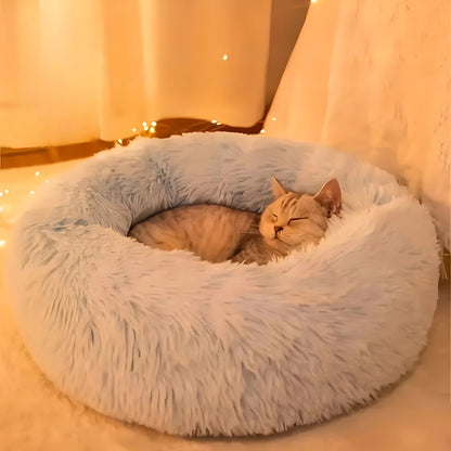 Chat endormi paisiblement dans un panier rond apaisant bleu ciel en fausse fourrure longue, offrant un confort ultra-moelleux et un effet nid protecteur pour un sommeil profond.