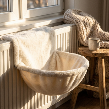 Hamac de radiateur pour chat en forme de panier rond en peluche blanche ultra-douce, installé sur un radiateur blanc dans un salon à l'ambiance cocooning avec lumière naturelle.