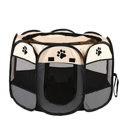 Parc Pliable Octogonal gris et beige pour animaux domestiques. Enclos sécurisé avec porte zippée et toit en filet. Modèle de Parc Pliable Octogonal chat pour chatons et Parc Pliable Octogonal chien pour chiots. Accessoire de transport portable Les Trésors d'Owka.