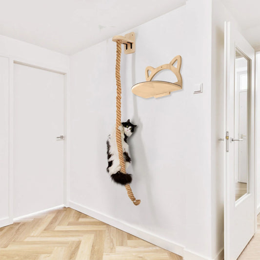 Parcours mural pour chat en bois : corde d'escalade et balcon oreilles de chat, un chat sur la corde — Les Trésors d'Owka
