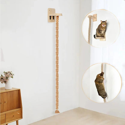 Corde d'escalade de 150 cm fixée au mur sous sa plateforme en bois, un chat qui y grimpe — Les Trésors d'Owka
