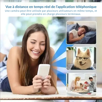 Femme utilisant l'application mobile pour une vision en temps réel multi-utilisateurs. Cette caméra de surveillance animaux permet de voir simultanément un chien, un enfant et une scène de famille. Solution idéale de caméra chat et caméra chien connectée pour un partage d'accès sécurisé entre plusieurs membres du foyer.