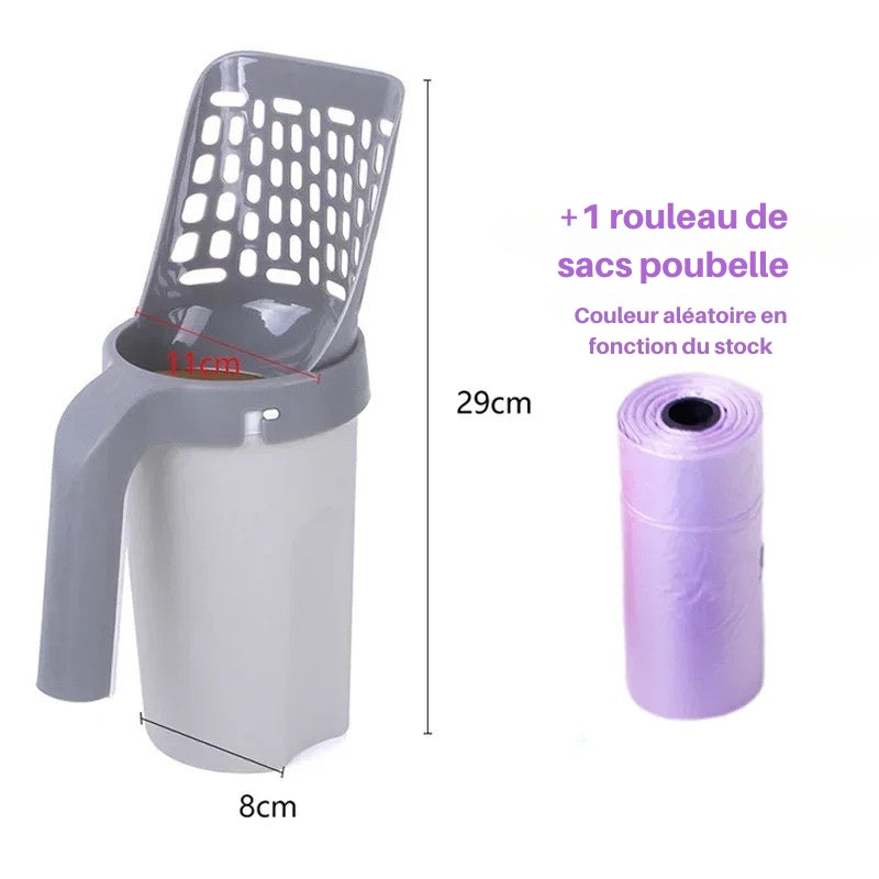 Pelle à litière pour chat grise et blanche de 29 cm de haut avec réservoir de 8 cm de large, incluant un rouleau de sacs poubelle offert, système de nettoyage rapide et hygiénique.