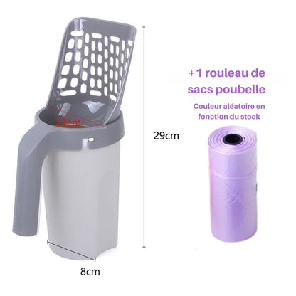 Pelle à litière pour chat grise et blanche de 29 cm de haut avec réservoir de 8 cm de large, incluant un rouleau de sacs poubelle offert, système de nettoyage rapide et hygiénique.