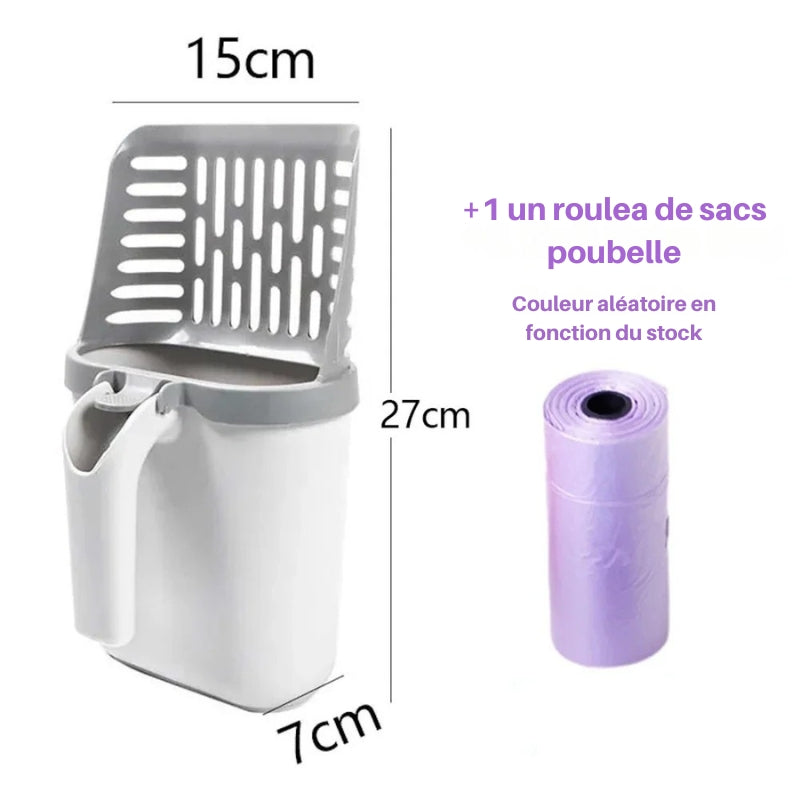 Pelle à litière intelligente de 27 cm de haut avec réservoir de 15x7 cm, incluant un rouleau de sacs poubelle offert, design ergonomique gris et blanc pour un nettoyage hygiénique.