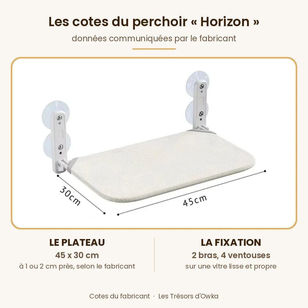 Cotes du perchoir chat fenêtre « Horizon » : plateau de 45 x 30 cm, deux bras à deux ventouses chacun — Les Trésors d'Owka