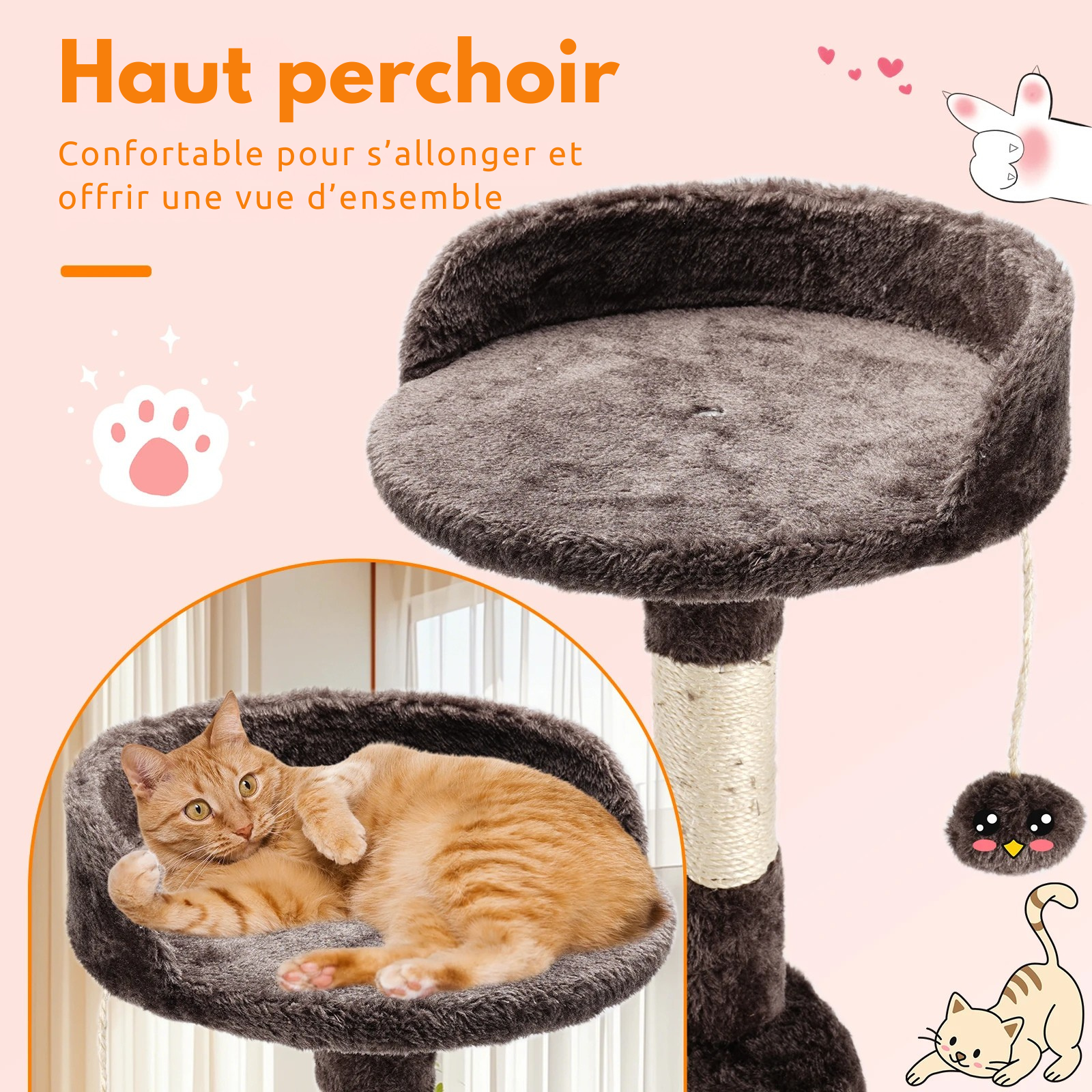 Zoom sur le haut perchoir d'un arbre à chat marron chocolat. Un chat roux est allongé confortablement dans le panier supérieur avec rebords. Plateforme d'observation en peluche douce pour arbre chaton avec poteau en sisal et pompon de jeu. Arbre a chat panoramique Les Trésors d'Owka.