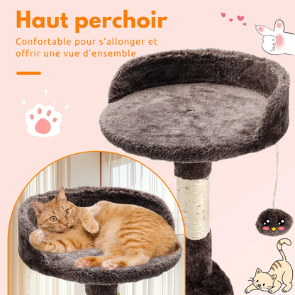 Zoom sur le haut perchoir d'un arbre à chat marron chocolat. Un chat roux est allongé confortablement dans le panier supérieur avec rebords. Plateforme d'observation en peluche douce pour arbre chaton avec poteau en sisal et pompon de jeu. Arbre a chat panoramique Les Trésors d'Owka.