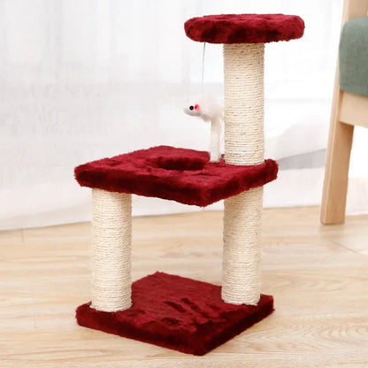 Petit arbre à chat bordeaux élégant avec deux poteaux griffoirs en sisal blanc, plateforme de repos carrée en peluche douce et jouet souris suspendue, idéal pour chaton.