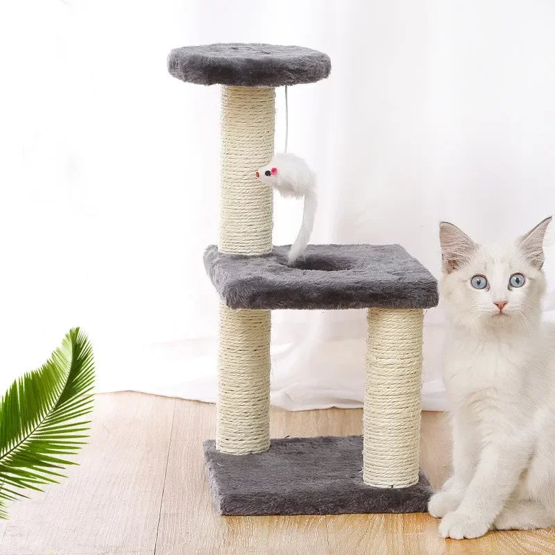 Petit arbre à chat gris compact de 40 cm avec griffoir en sisal et jouet souris, à côté d'un chaton blanc aux yeux bleus pour illustrer la taille idéale en appartement.
