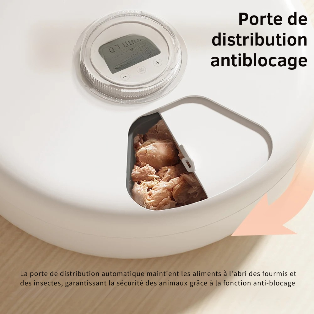 Gros plan sur la porte de distribution automatique d'un distributeur rotatif Petwant, montrant un compartiment de nourriture humide protégé par un clapet hermétique anti-nuisibles et anti-blocage.