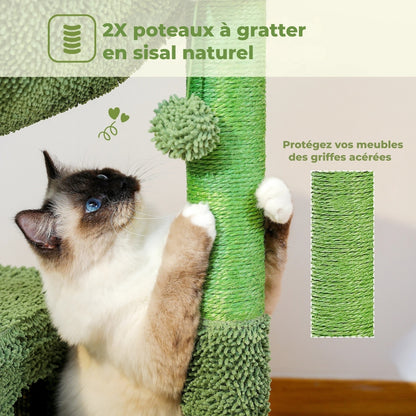 Gros plan sur les deux poteaux à gratter en sisal naturel vert de l'arbre à chat cactus, idéal pour protéger les meubles des griffes acérées.