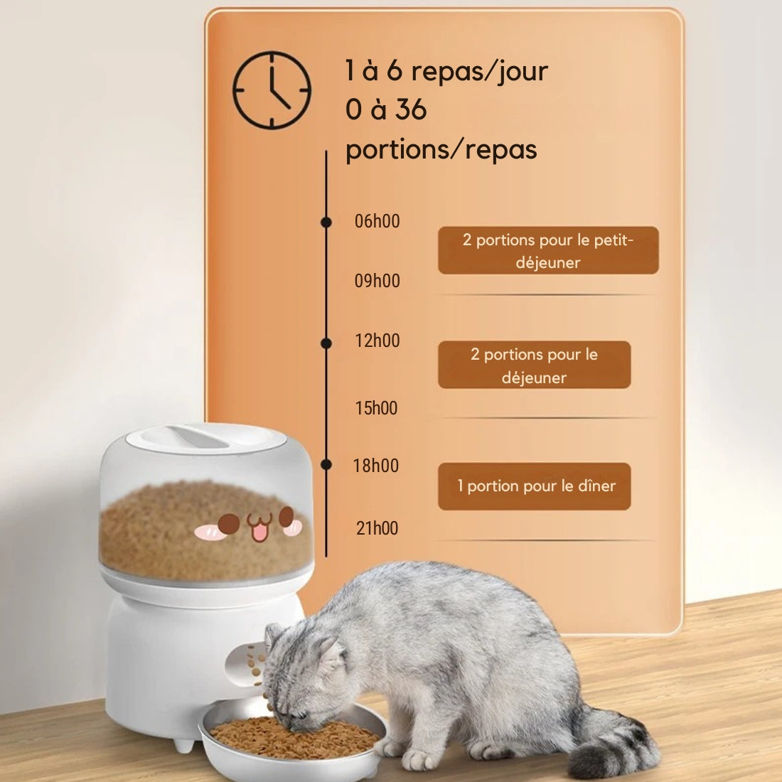 Infographie d'un distributeur automatique mignon pour chat montrant un planning de 1 à 6 repas par jour avec un réglage de 0 à 36 portions personnalisables.
