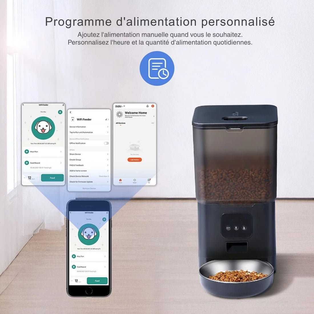 Interface de l'application mobile pour distributeur automatique de croquettes noir, permettant de personnaliser l'heure, la quantité des repas quotidiens et d'ajouter manuellement une portion.