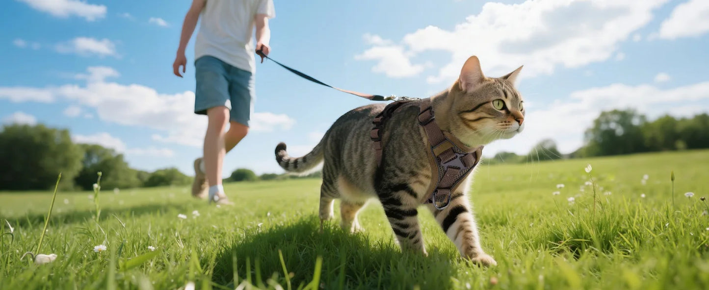 Chat tigré explorant un parc en laisse avec un harnais pour chat en mesh respirant marron. Ce harnais chat ergonomique offre une sécurité anti-évasion et un confort optimal pour les balades en plein air. Une mise en situation réelle d'un harnais animaux robuste et ajustable, idéal pour une promenade sereine sous le soleil.