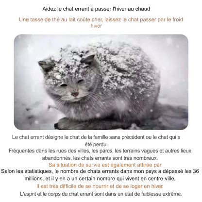 Infographie de sensibilisation montrant un chat sous la neige pour promouvoir l'usage d'un abris chat en hiver. Le texte explique la difficulté de survie des félins errants sans maison a chat. Message d'urgence pour installer une maison chat exterieur isolée afin de protéger les animaux du froid extrême. Qualité Les Trésors d'Owka.