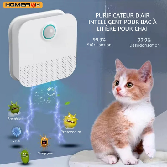 Infographie publicitaire présentant le Purificateur d'Air Intelligent pour Litière de la marque Les Trésors d'Owka. L'image montre un purificateur d'air compact blanc à côté d'un chaton, illustrant son efficacité de 99.9% en stérilisation et désodorisation. Ce Purificateur d'Air chat élimine activement les bactéries, virus, champignons et protozoaires grâce à une technologie de purification ionique sécurisée. Idéal pour supprimer les mauvaises odeurs de la maison, ce Purificateur d'Air se place directement 
