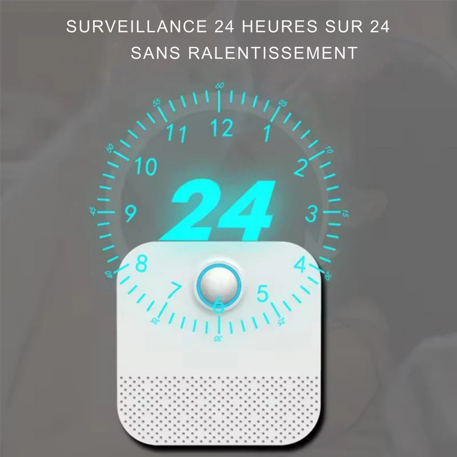 Infographie technique détaillant la surveillance continue 24h/24 du Purificateur d'Air Intelligent pour Litière de la marque Les Trésors d'Owka. L'image illustre un purificateur d'air blanc doté d'un capteur de mouvement central avec un cadran d'horloge bleu, symbolisant un monitoring constant sans relâche. Ce Purificateur d'Air chat assure une désodorisation et une stérilisation automatiques en temps réel pour maintenir un environnement sain autour du bac à litière. Grâce à son intelligence embarquée, ce P