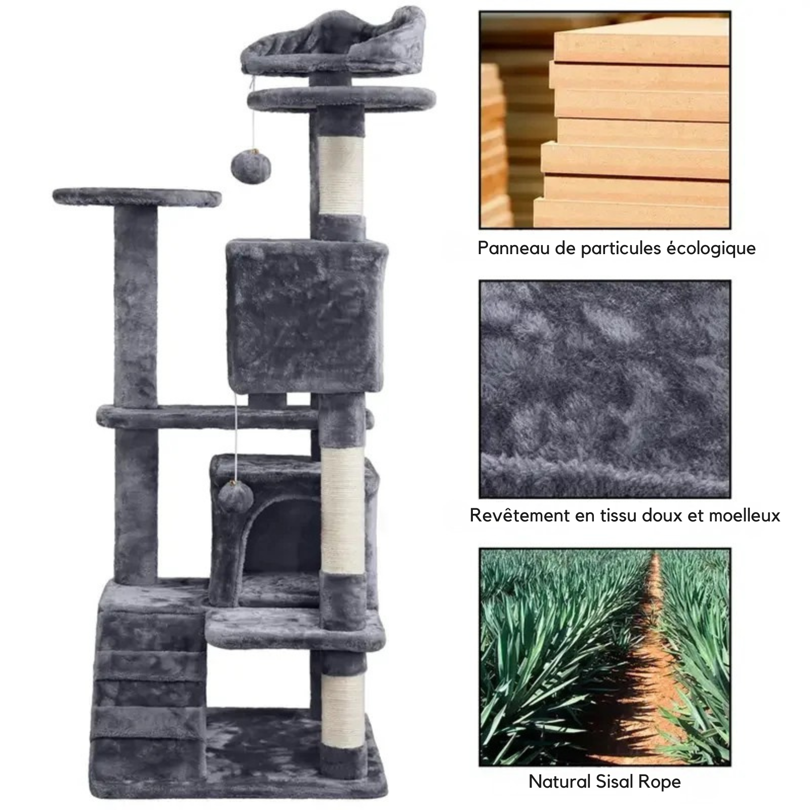 Infographie présentant la fabrication d'un grand arbre à chat gris anthracite : panneaux de particules écologiques, revêtement en peluche douce et griffoirs en corde de sisal naturel. Tour arbre chaton multi-niveaux avec double niche et rampe. Mobilier robuste et sain pour arbre a chat Les Trésors d'Owka.