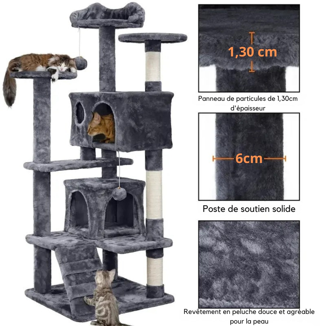 Détails techniques de l'arbre à chat : épaisseur du panneau de 1,30 cm, poteau de soutien solide de 6 cm de diamètre et revêtement en peluche grise ultra-douce.