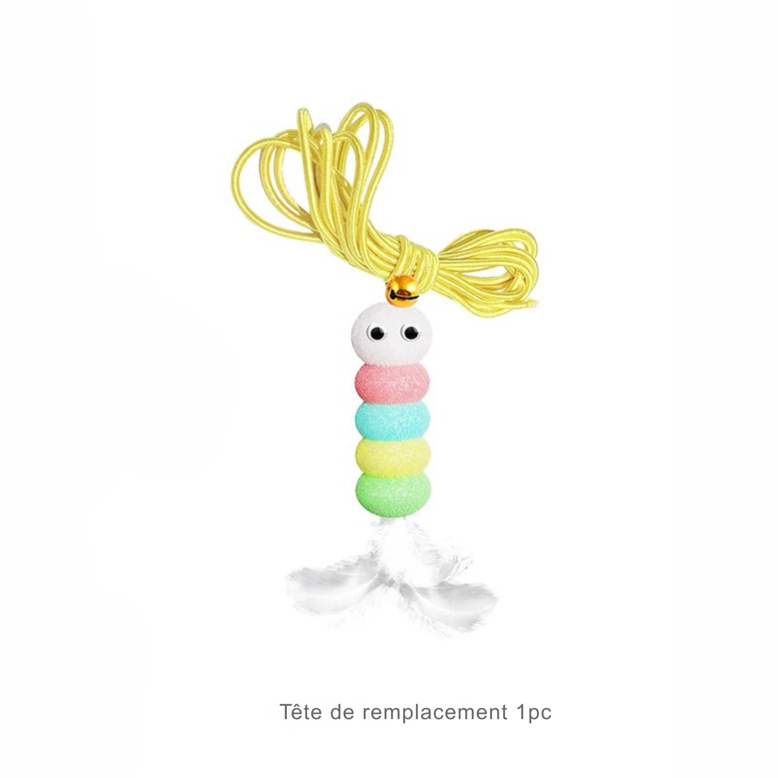 Tête de rechange pour jouet pour chat automatique comprenant une chenille multicolore en pompons avec yeux, grelot doré et plumes blanches. Cet accessoire de remplacement pour jouet chat est livré avec son cordon jaune. Un élément de rechange durable parmi les jouet animaux pour prolonger la durée de vie de votre système de jeu interactif