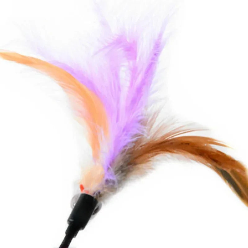 Gros plan sur une recharge de plumes pour chat aux teintes violet clair et brunes, équipée d'une petite clochette et d'un connecteur noir pour une fixation rapide sur canne à pêche.
