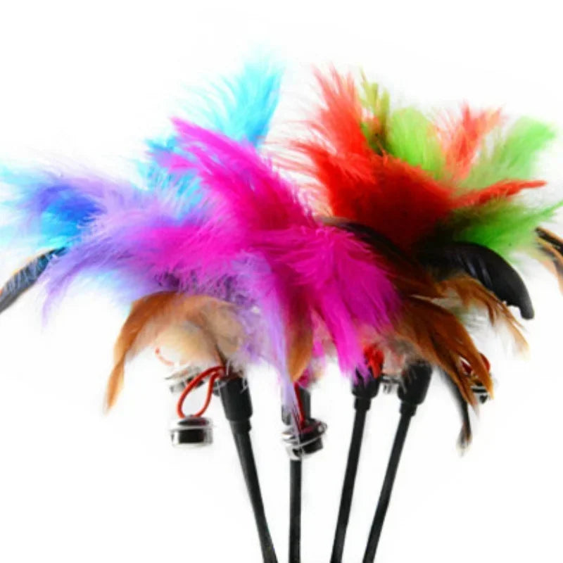 Bouquet de recharges de plumes multicolores (rose, bleu, vert, rouge) pour jouets de chat, équipées de connecteurs noirs et de petites clochettes argentées pour une stimulation sonore et visuelle.