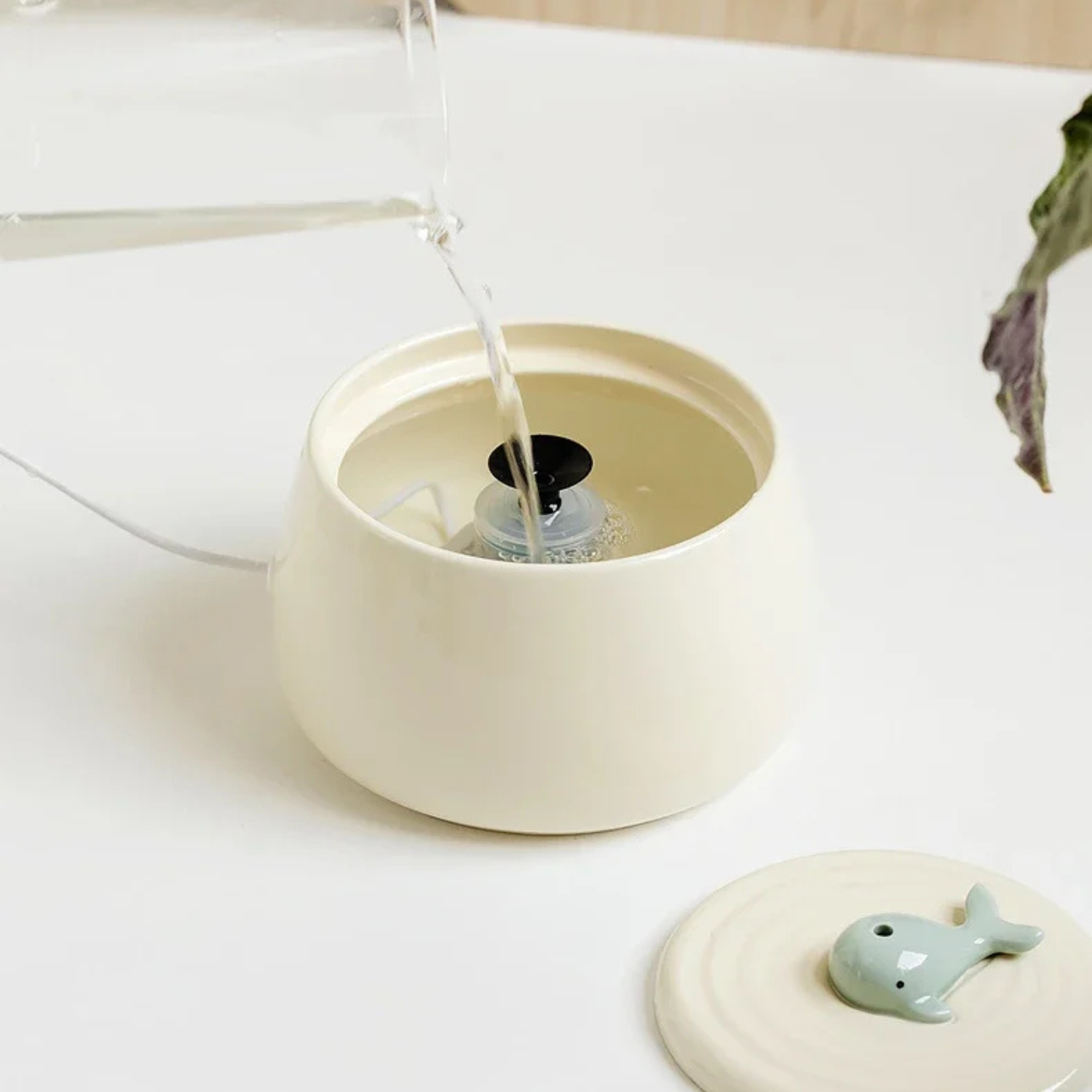 Action de verser de l'eau claire dans le réservoir d'une fontaine pour chat en céramique beige, montrant le filtre interne et le couvercle décoratif avec une petite baleine posé à côté.