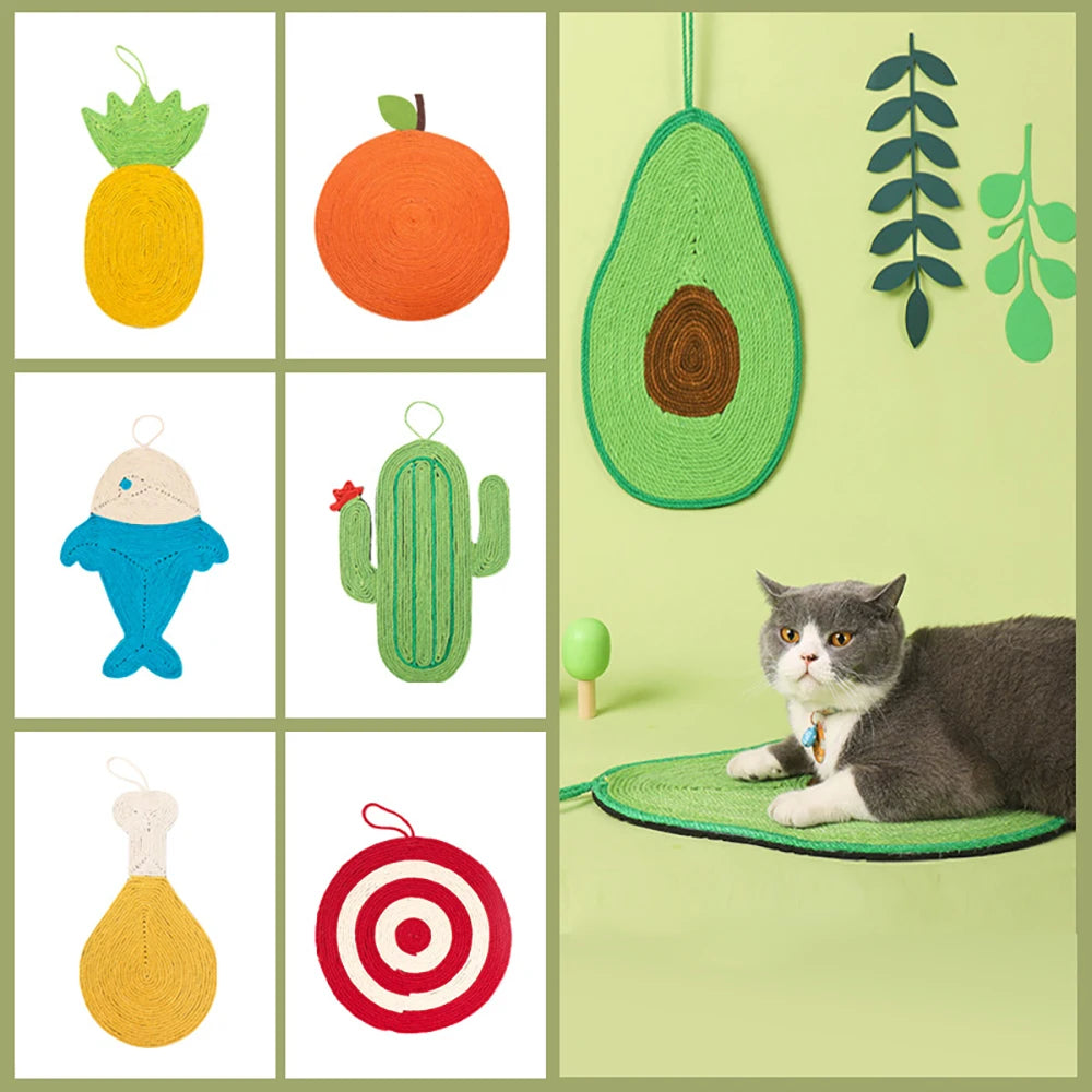 Collection de griffoirs pour chat en sisal aux formes ludiques d'avocat, ananas, orange, poisson, cactus, cuisse de poulet et cible, utilisables comme tapis de sol ou décoration murale.