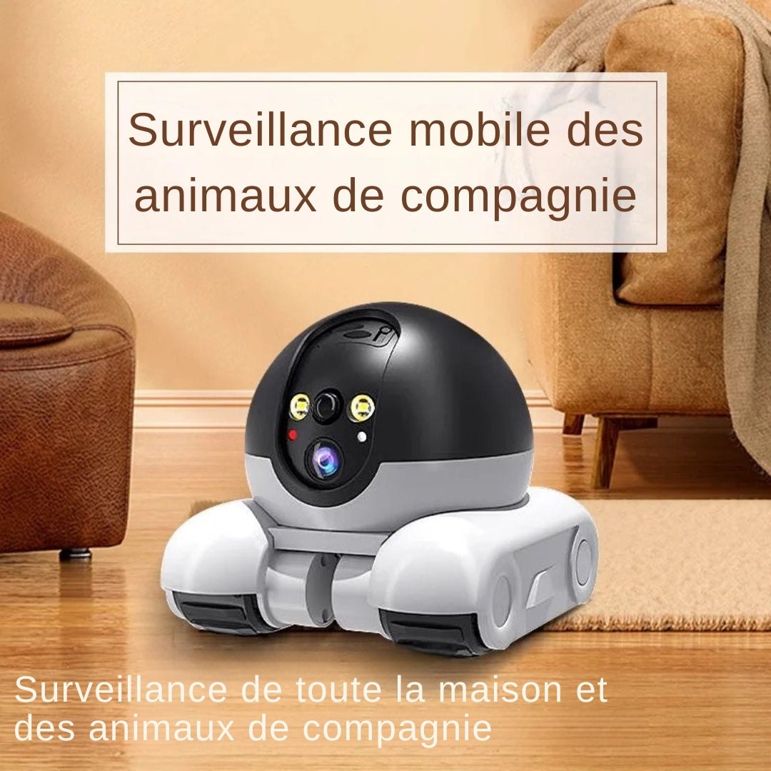Robot de surveillance mobile pour animaux de compagnie en situation dans un salon, offrant une surveillance de toute la maison via caméra HD et vision nocturne LED.