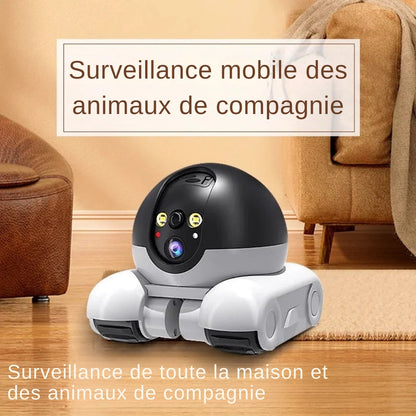 Robot de surveillance mobile pour animaux de compagnie en situation dans un salon, offrant une surveillance de toute la maison via caméra HD et vision nocturne LED.