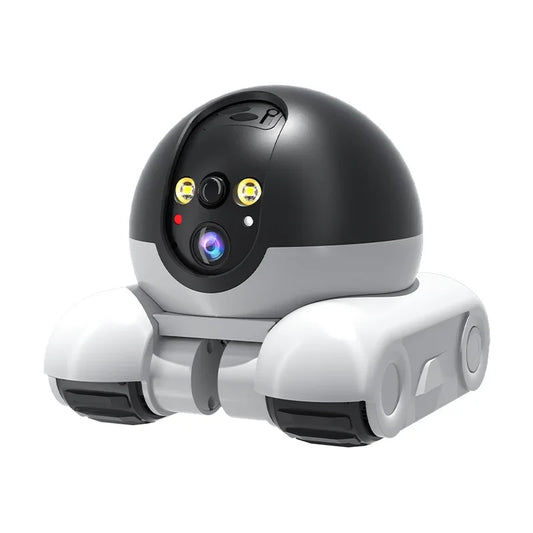 Robot de surveillance mobile pour animaux avec caméra HD grand angle, capteurs de mouvement, vision nocturne et roues tout-terrain, design noir et blanc moderne.
