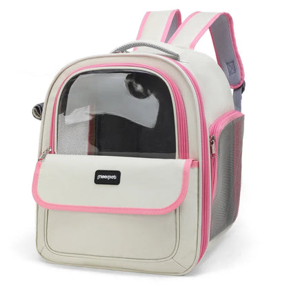 Sac à dos pour chat blanc crème et rose avec hublot transparent panoramique. Vue de face du sac dos pour chat Les Trésors d'Owka avec aérations latérales en mesh et bretelles confortables. Sac dos chat au design élégant et sécurisé pour transport citadin.