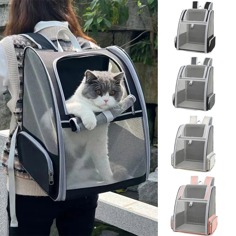 Gamme de sacs à dos pour chat extensibles en mesh ventilé noir, gris, beige et rose. Un chat gris et blanc sort la tête du sac dos pour chat Les Trésors d'Owka porté en randonnée. Sac dos chat respirant avec fenêtre en filet pour un transport confortable et sécurisé.
